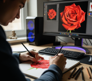 תלמיד בקורס ציור אונליין לומד לצייר פרח