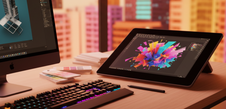 טבלט ומקלדת גרפיקה על שולחן