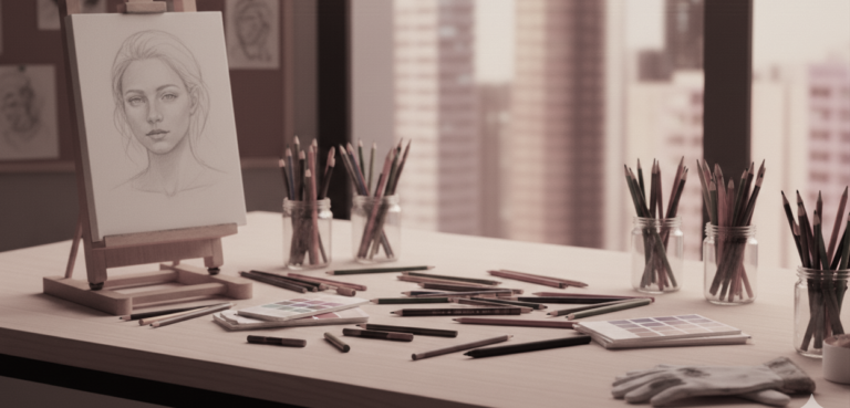 עפרונות ורישום על שולחן